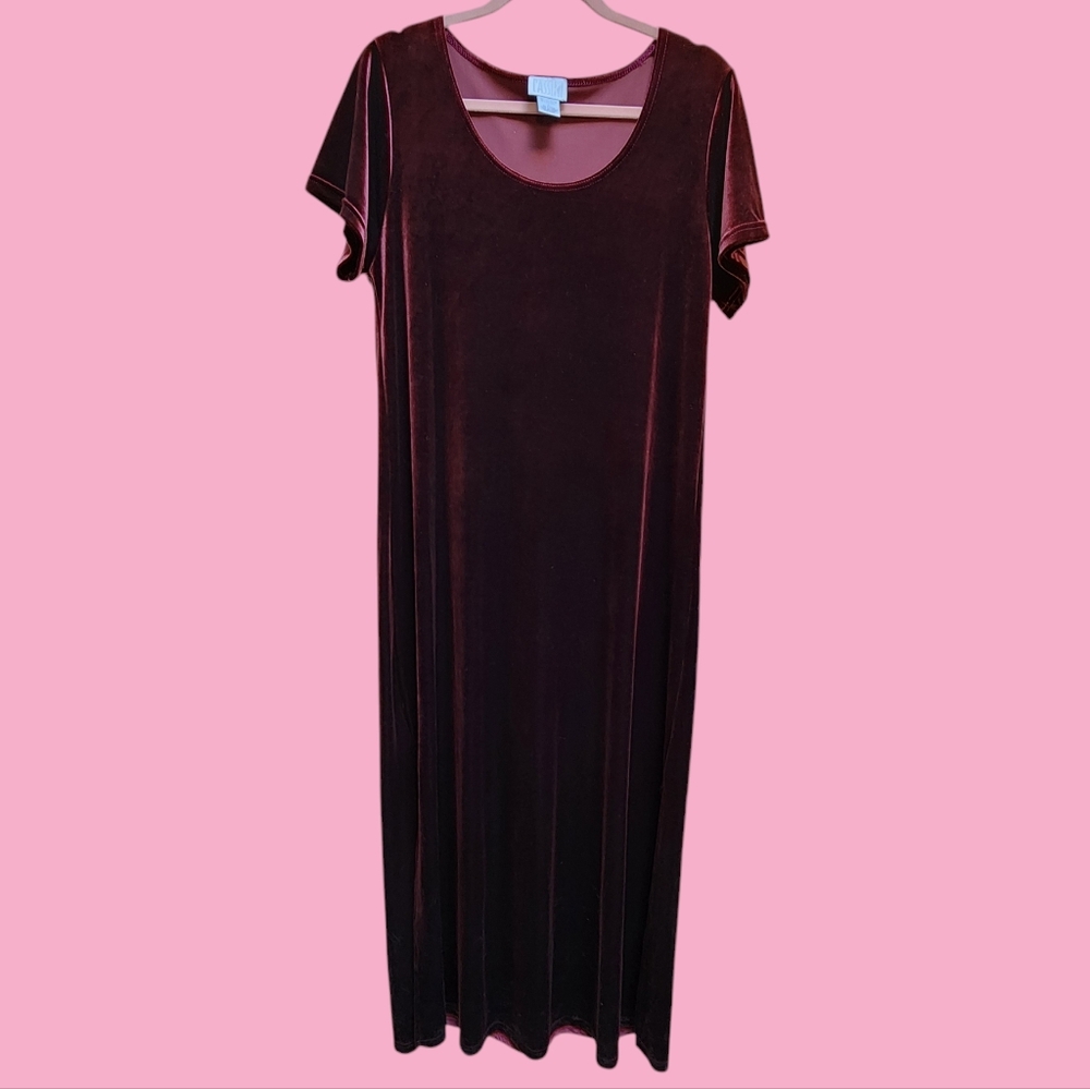 Cassini Luxurious Burgundy Maxi Dress Short Sleeves Silky Velvet Texture